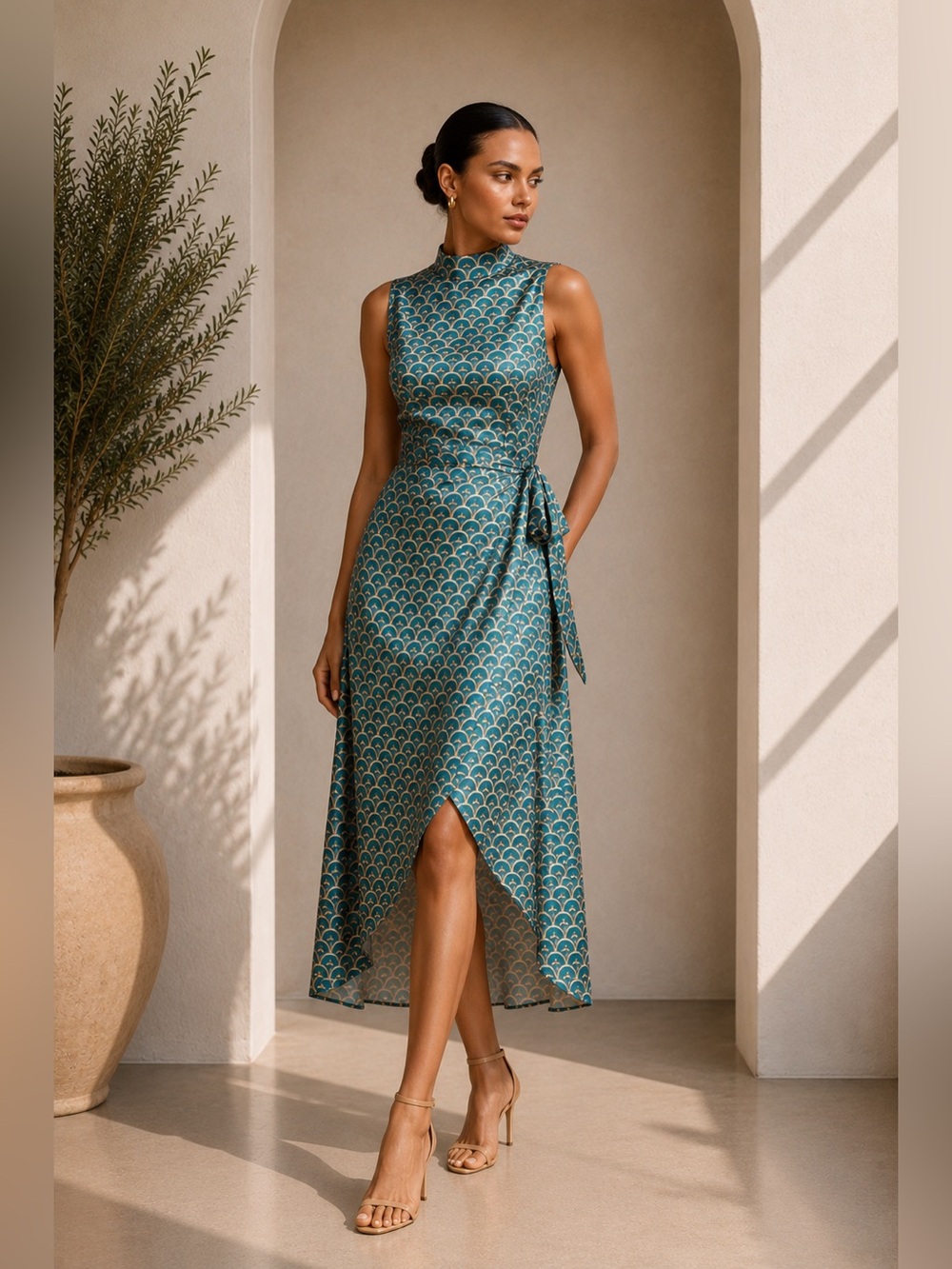 Commense Teal Scallop-Print Asymmetrical Mock-Neck Dress with Side Tie